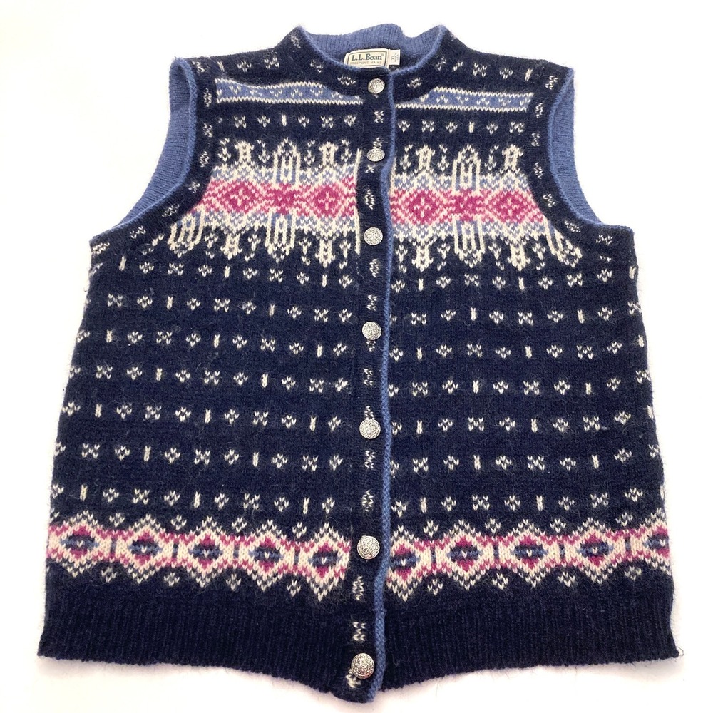 Vintage L.L. Bean Nordic Fair Isle Wool Button Down Sweater Vest Womens XL USA